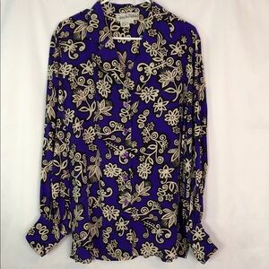Diane Von Furstenberg 100% Silk Purple and Cream Floral Button-Down Shirt Size M